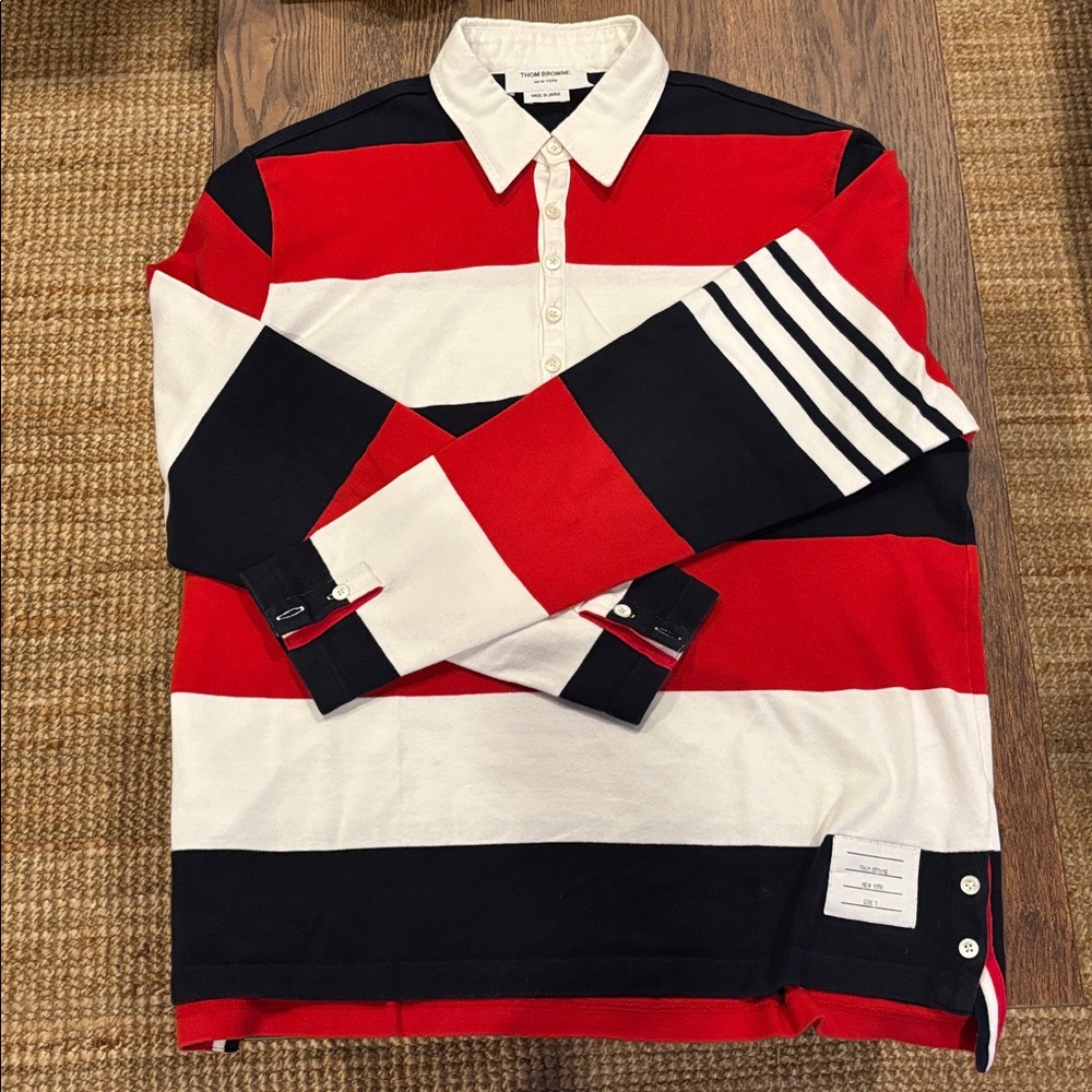 Thom Browne Red, White and Navy Striped rugby Polo Shirt, size 3 (Large)/ men.